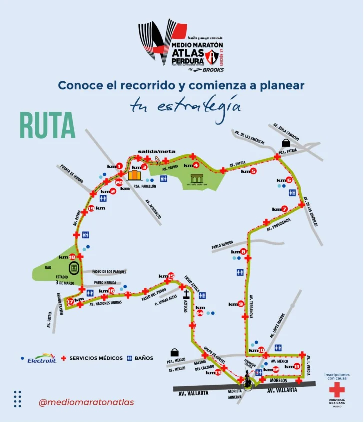 Official route map of the 37th Atlas Half Marathon 2026 showing the 21 km course, medical services, aid stations and restrooms