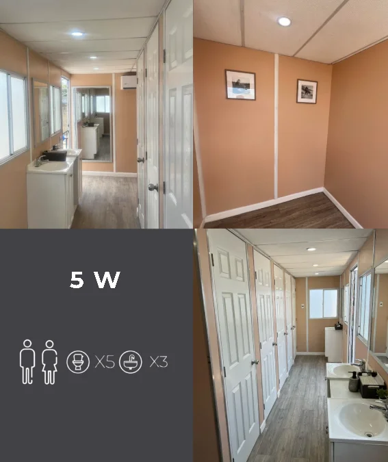 Vista interior del Remolque 5W Luvory: pasillo con lavabos, tazas privadas y acabados en tonos cálidos