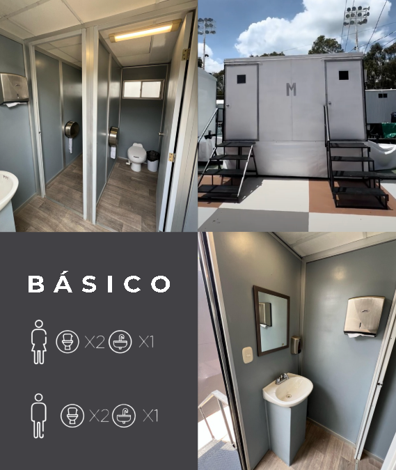Vista interior del Remolque Básico Luvory: cubículos con taza, lavabo y acabados funcionales