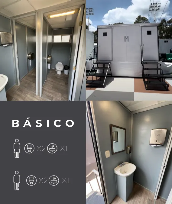 Vista interior del Remolque Básico Luvory: cubículos con taza, lavabo y acabados funcionales