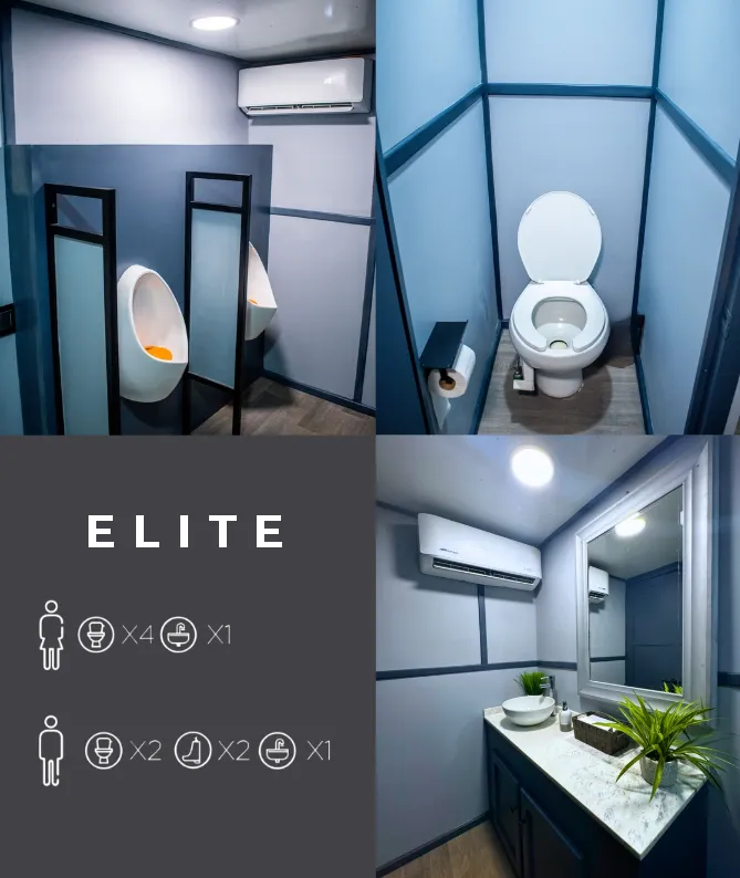 Vista interior del Remolque Elite Luvory: mingitorios, taza y tocador con acabados premium