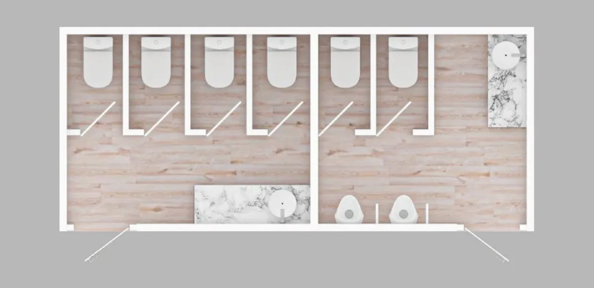 Plano de distribución interior del Remolque Elite mostrando layout de tazas y lavabos