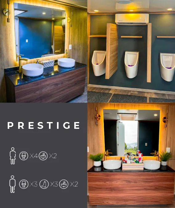 Vista interior del Remolque Prestige Luvory: lavabos dobles, mingitorios y tocador con acabados premium