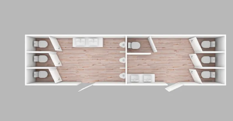 Plano de distribución interior del Remolque Prestige con 4 tazas mujeres, 3 tazas + 3 mingitorios hombres