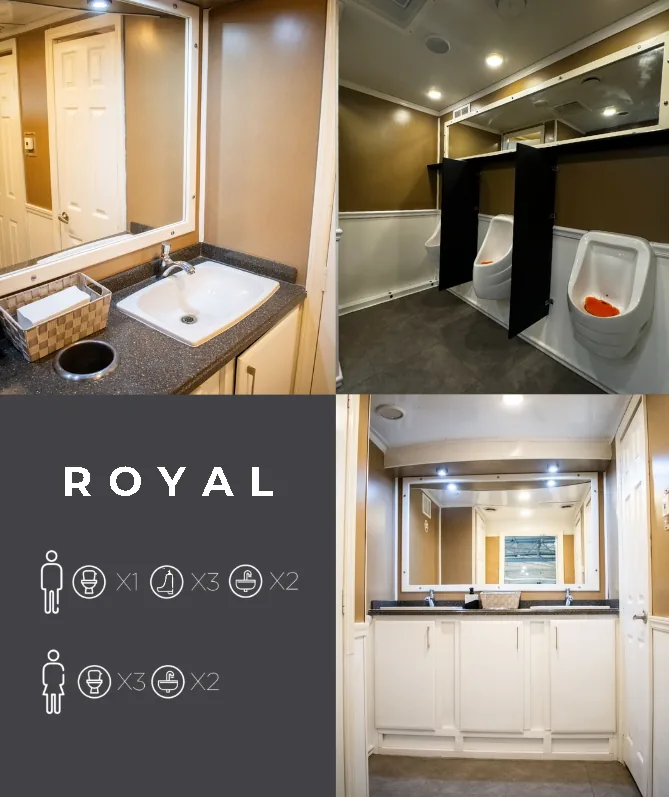 Vista interior del Remolque Royal Luvory: lavabos, mingitorios privados y área de tocador con acabados premium